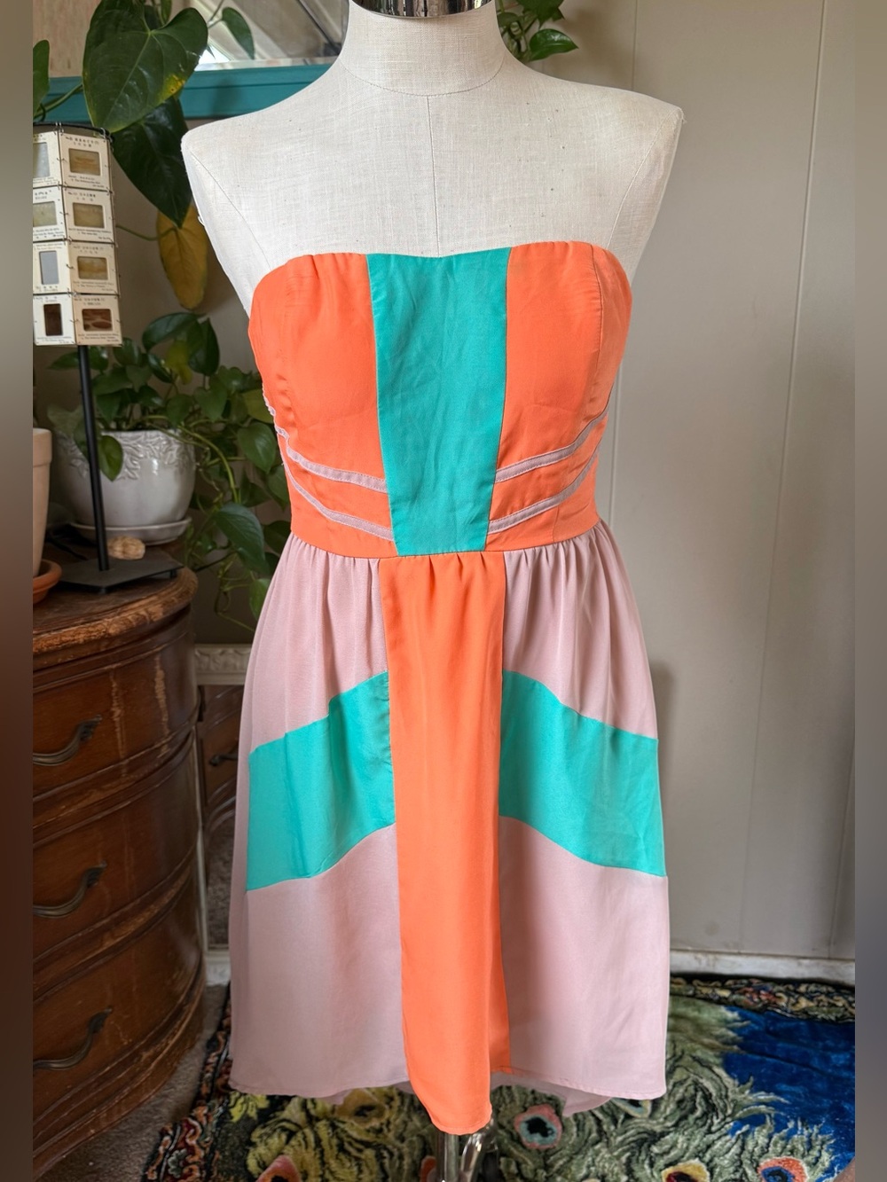Flying Tomato Strapless Colorblock Dress in Coral, Teal & Blush, size M